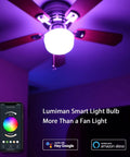 Ceiling fan illuminated by Candelabra E12 Smart Bulbs 5W 400lm LED RGB Color Changing, app control displayed on smartphone.