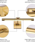 Dimmable LED Picture Light With Swing Arm, 16.5 Inch Dope Brass Finish Wall Lamp, hardware details, base and arm close-up