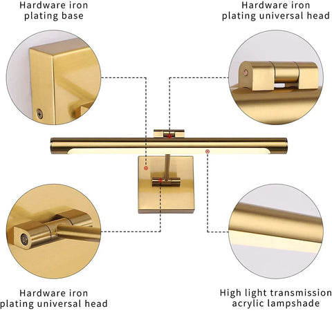 Dimmable LED Picture Light With Swing Arm, 16.5 Inch Dope Brass Finish Wall Lamp, hardware details, base and arm close-up