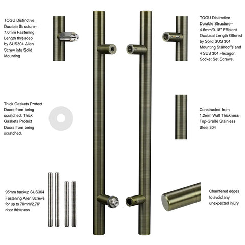 Heavy Duty 47 Inch Push Pull Door Handle In Antique Bronze, Real SUS 304 Stainless Steel With Solid Standoffs For Front Doors, Barn Doors, And Glass Shower Doors, Built Tough, Easy Install, Built To Last. Detail view of SUS 304 standoffs and screws