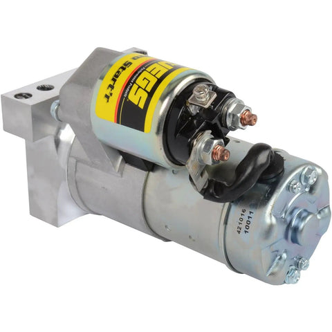 Gritty Lightweight Mini Starter Built For Small Block And Big Block Chevy Motors With Zero Fuss Straight Bolt On Mount close up view.