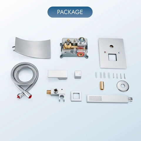 Waterfall Bathtub Faucet Kit Wall Mounted Tub Filler With Handheld Shower Spout One Handle Valve Included Polished Chrome parts displayed
