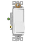 Front view of single 3 Way Decorator Paddle Rocker Light Switch Gloss Finish White 15A 120V 277V UL Listed with wiring screws.