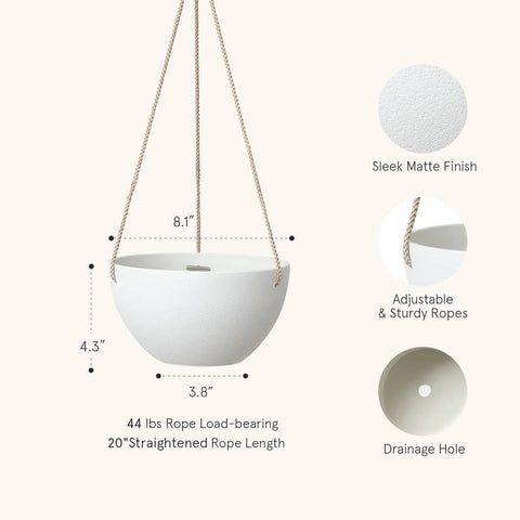 Diagram of Cool White Hanging Planter Set, 8 Inch Indoor Outdoor Plant Pots With Drainage Hole, Pack Of 2 details and dimensions