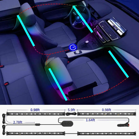 Smart RGBIC Interior Car Lights With App And Remote Two Line Design 72 LEDs installed interior view, showing color strips layout diagram