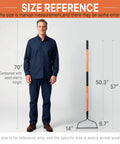 Heavy Duty Garden Bow Rake With 14 Tine And 57 Inch Fiberglass Handle next to man for size comparison