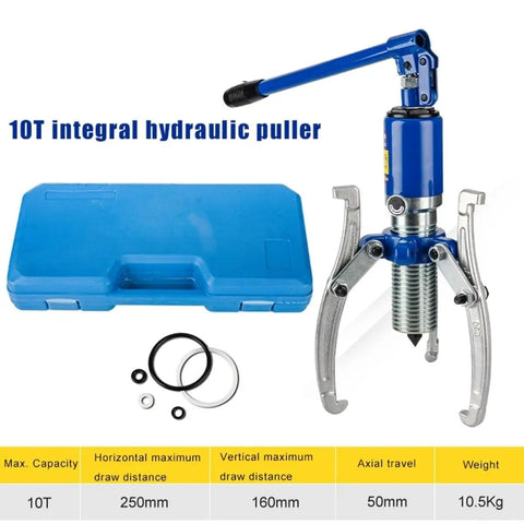 Heavy Duty 10 Ton Hydraulic Puller Kit Featuring Kickass Adjustable Two Or Three Jaw Setup For Yanking Stubborn Hubs Flanges Gears Bearings Right Through Tough Jobs Effortlessly, with case and accessories.
