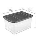Two Pack 76 Quart Stacker Storage Bin Set With Clear Plastic And Dark Gray Latch Lid, shown with dimensions.