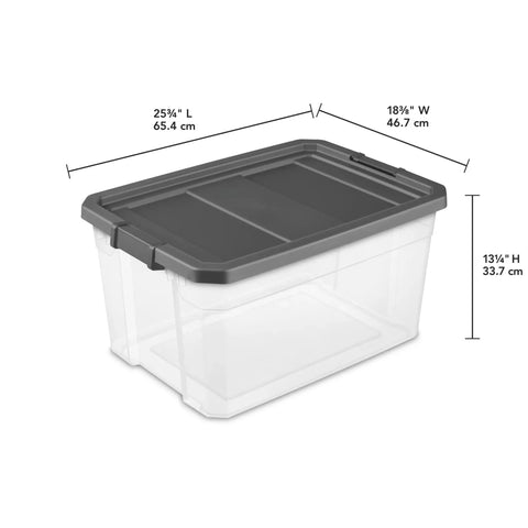 Two Pack 76 Quart Stacker Storage Bin Set With Clear Plastic And Dark Gray Latch Lid, shown with dimensions.