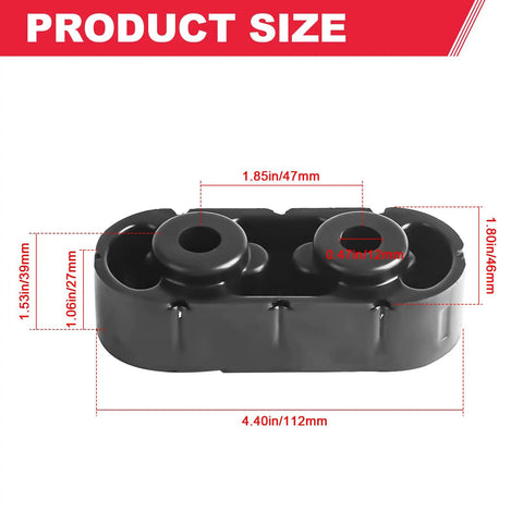 Exhaust Muffler Hanger Insulator Set, Two Pack With Built In Iron Frame shown with product dimensions in red