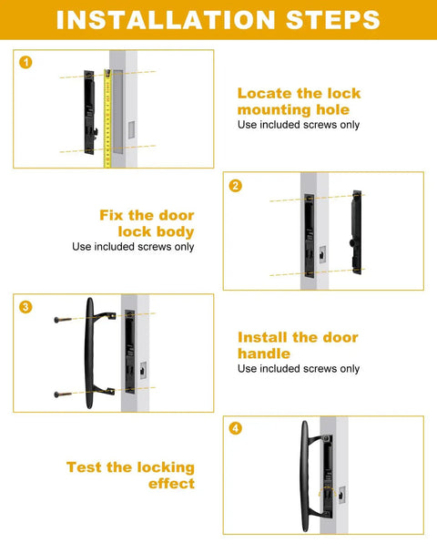 Installation steps for Heavy Duty Black Diecast Sliding Door Handle Set With Secure Non Keyed Lock on patio doors.