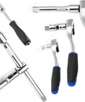 Heavy Duty 53 Piece Ratcheting Socket Wrench Set Featuring Secure Ball Lock Retention And Slick Thumb Switch Control For Easy Direction Changes On The Fly During Tough Jobs, displaying chrome vanadium ratchets with ergonomic grips.