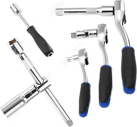 Heavy Duty 53 Piece Ratcheting Socket Wrench Set Featuring Secure Ball Lock Retention And Slick Thumb Switch Control For Easy Direction Changes On The Fly During Tough Jobs, displaying chrome vanadium ratchets with ergonomic grips.