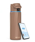 Smart Water Bottle With Glowing Sip Tracker Keeps Your Hydration Game Fresh All Day Long 24 Oz Insulated Flask beside smartphone app showing hydration stats.