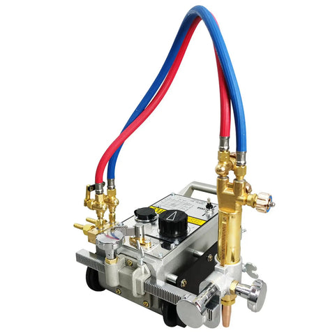 Shop Ready Heavy Duty Dual Track Gas Flame Cutter with hoses and control panel for precise metal cutting sessions at 110 volts.