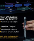 Person using Pocket Size Mini Electric Power Screwdriver With Smart Motion Control Rechargeable Cordless Tool, showing OLED screen adjustments