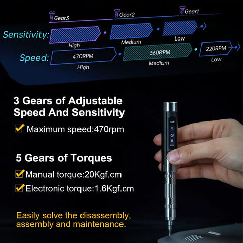 Person using Pocket Size Mini Electric Power Screwdriver With Smart Motion Control Rechargeable Cordless Tool, showing OLED screen adjustments