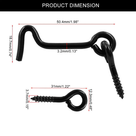 Heavy Duty 2 Inch Black Hook And Eye Latches, 6 Pack Cabinet Door Hardware dimensions showing 50.4x18.7mm and 31x12.3mm sizes.