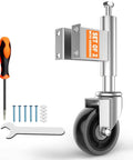 Rock Solid Five Inch Spring Loaded Gate Wheel Caster For Outdoor Timber And Steel Fences Roll Like Butter Heavy Duty Rig Built Tough For Farms And Driveways Two Pack showing wheel, hardware tools, installation kit.