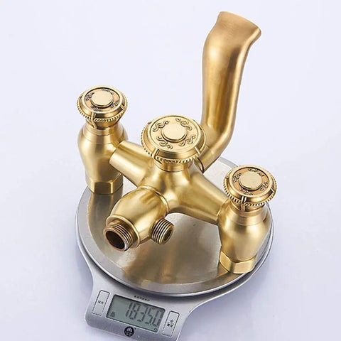 Kick Up Your Shower Game With This Antiqued Copper Finish Three Function Pressurized Spray System Built Tough For Real Muscle Relief And Rust Free Vibes Straight Fire For Any Modern Bathroom Setup - brass faucet with three knobs on scale.