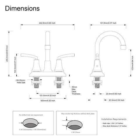 Technical diagram with dimensions for Matte Black Bathroom Sink Faucet, 4 Inch Centers, Modern Single Hole Design, BF023-MB.
