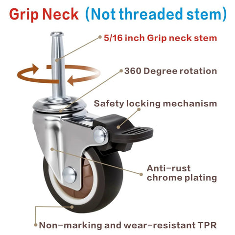 2 Inch Non Marring Rubber Caster Wheels 4 Pack With Brakes Five Sixteenths By One And One Half Inch Grip Neck Sleeve