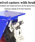 Heavy Duty Rubber Caster Wheels With Brake 4 Pack Swivel Trolley Casters Built Tough As Nails With Thick Steel Brackets close-up of blue swivel caster with brake.