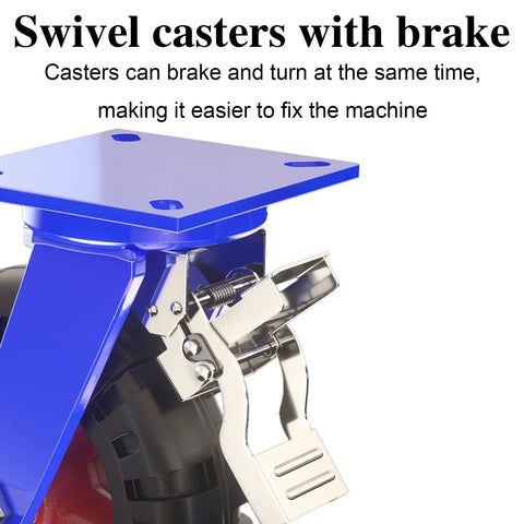 Heavy Duty Rubber Caster Wheels With Brake 4 Pack Swivel Trolley Casters Built Tough As Nails With Thick Steel Brackets close-up of blue swivel caster with brake.