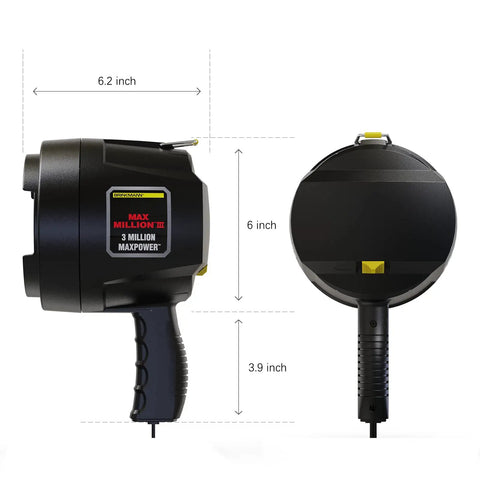 Side and back view of Heavy Duty Handheld Spotlight With 12V DC Charger, Halogen Bulb, Tempered Glass Lens, Rugged ABS Body, 6-inch size