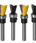 Top Tier Four Piece Dovetail Router Bit Set featuring precision bearing guides with quarter inch shank for woodworking.