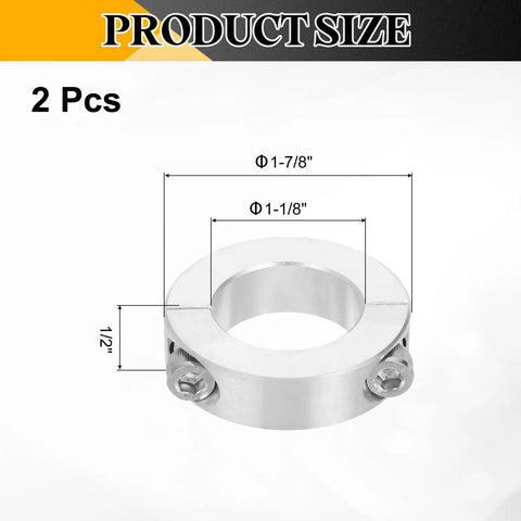 Rock Solid Two Piece Double Split Shaft Collars With Tight Set Screws 1.125 Inch Bore And 1.875 Inch Outer Diameter, 2 Pcs shown with dimensions.
