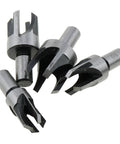 Four wood plug cutter drill bits shown, part of the Eight Piece Wood Plug Cutter Drill Bit Set Forged From Tough Carbon Steel.