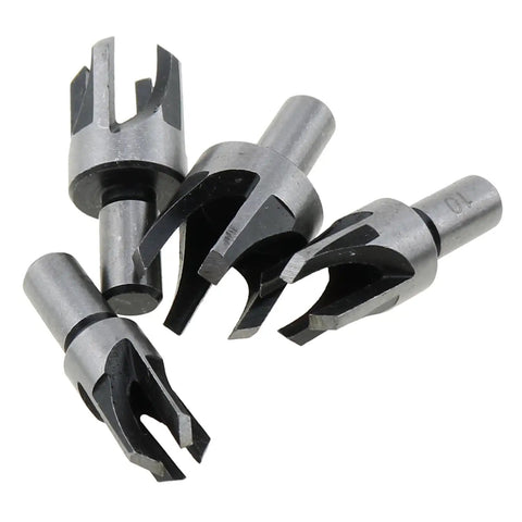 Four wood plug cutter drill bits shown, part of the Eight Piece Wood Plug Cutter Drill Bit Set Forged From Tough Carbon Steel.