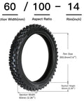 Front 2.50-14 tire for Dual Front 2.50-14 And Rear 3.00-12 Tire Tube Set For Dirt Bikes, showing dimensions and tread pattern.