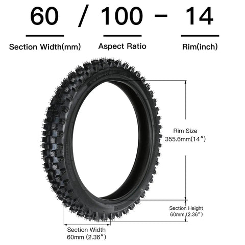 Front 2.50-14 tire for Dual Front 2.50-14 And Rear 3.00-12 Tire Tube Set For Dirt Bikes, showing dimensions and tread pattern.