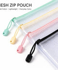 Colorful Four Pack A4 Mesh Zipper Bags With Water Resistant Zippers Durable Plastic Storage Pouches pastel colors laid flat