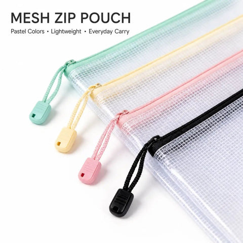Colorful Four Pack A4 Mesh Zipper Bags With Water Resistant Zippers Durable Plastic Storage Pouches pastel colors laid flat