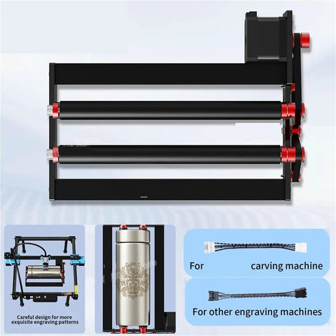 Rock Solid Aluminum Tr3 Rotary Roller Module Easy Y Axis Swap For Diy Engravers And Routers Built Hard For Everyday Garage Projects With Smooth Spinning Performance, showcasing dual rollers and connection details.