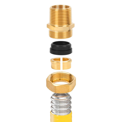 Exploded view of a Two 1/2 Inch NPT Brass Pipe Fittings Male Threaded Hex Nipples Pack Of 2 assembly, showing brass and rubber components.