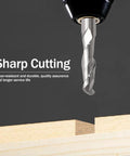 Top Tier Carbide Ball Nose End Mills With Dual Flutes For Smooth Cnc Routing And Precise Engraving On Wood Pvc Mdf Hardwood Built Tough One Eighth Shank With Sixteenth In Cut Diameter Pack Of Ten To Crush Projects With No Sweat, close-up of dual flute cutting bit above wooden surface.