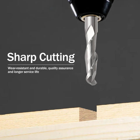 Top Tier Carbide Ball Nose End Mills With Dual Flutes For Smooth Cnc Routing And Precise Engraving On Wood Pvc Mdf Hardwood Built Tough One Eighth Shank With Sixteenth In Cut Diameter Pack Of Ten To Crush Projects With No Sweat, close-up of dual flute cutting bit above wooden surface.