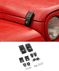 Aluminum Hood Latch Locking Kit For Jeep Wrangler JK JL Gladiator JT 2007 Through 2023 shown installed on red vehicle with hardware