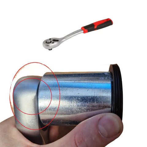 Close-up of hand holding Beefy Middle Drive Gear Nut Wrench Tool for ATV UTV, showcasing metal finish and design