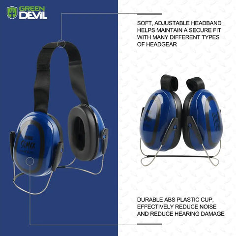 Behind The Head Neckband Earmuffs For Full Brim Hard Hats, Low Profile Hearing Protection, Comfortable Fit, Side View.