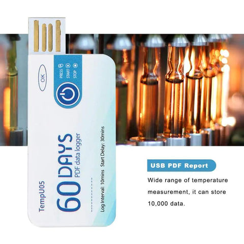 Disposable Single Use Temperature Data Logger With Usb Cable Offers Dead Reliable Cold Chain Tracking And Smooth Pdf Downloads For Food Drug Chemical Shipping Without Any Mess Or Hassle, USB plug with temperature display.