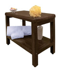 Eleganto 24 Inch Brown Waterproof Teak Shower Bench Stool With Non Slip Feet And Two Tier Storage Shelf displaying towels and bath items