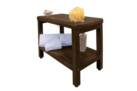 Eleganto 24 Inch Brown Waterproof Teak Shower Bench Stool With Non Slip Feet And Two Tier Storage Shelf displaying towels and bath items