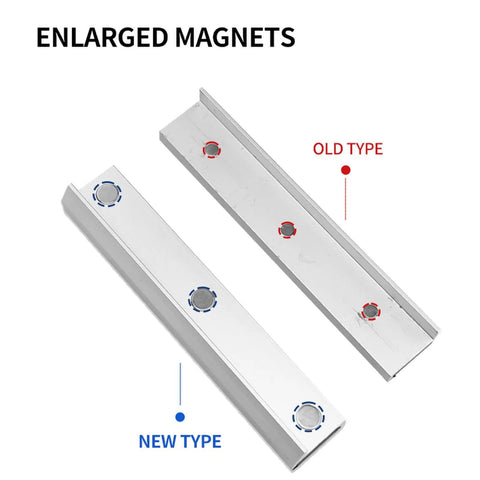 Comparison of old and new Magnetic Aluminum Vise Jaws Set With Soft Protectors, showing enlarged magnets for 4 to 8 inch jaw stability.