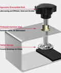 Close-up of Four Piece Drawer Fixing Clips Set showing ergonomic overmolded nuts and thick padded sponge, Pro Grade Cold Rolled Steel Front Drawer Jigs For Cabinets Tables And Desks, Non Slip Mounting Clamps For Woodworking Projects, Rust Resistant And Easy To Install.