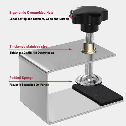 Close-up of Four Piece Drawer Fixing Clips Set showing ergonomic overmolded nuts and thick padded sponge, Pro Grade Cold Rolled Steel Front Drawer Jigs For Cabinets Tables And Desks, Non Slip Mounting Clamps For Woodworking Projects, Rust Resistant And Easy To Install.